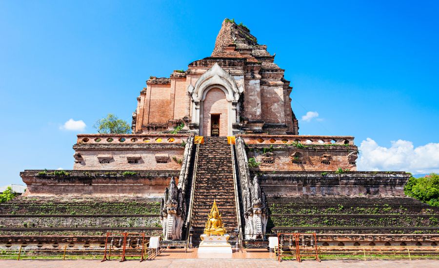 The historic brick chedi of Wat Chedi Luang in the heart of Chiang Mai Old City