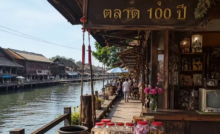 Traditional wooden shophouses at Sam Chuk 100-Year Market