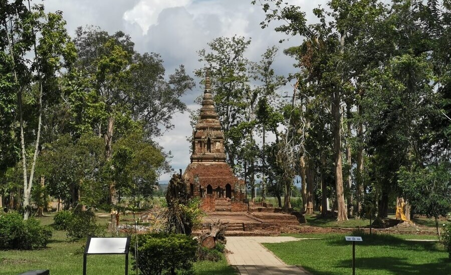 Wat Pa Sak octagonal chedi and forest ruins in Chiang Saen