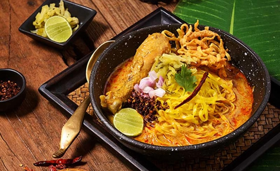 A bowl of northern Thai Khao Soi curry noodles.