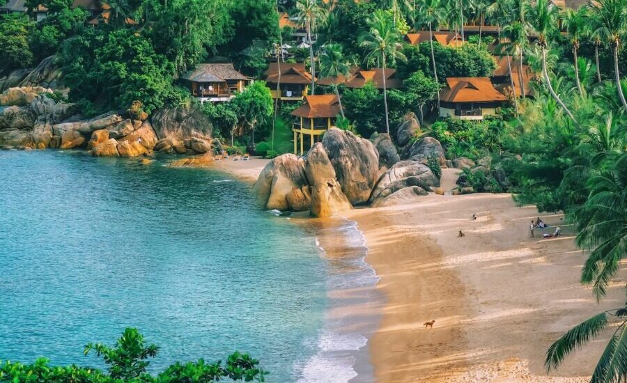 Lamai beach with monsoonal waves, rainy season in Thailand