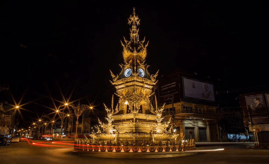Chiang Rai’s Old Clock Tower illuminated at night