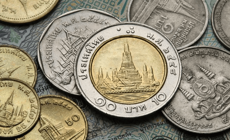 Thailand’s 10-baht coin features Wat Arun, the iconic Temple of Dawn